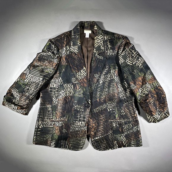 Chico's Jacket/Blazer Push Up Sleeves Brown/Gold/Green Pattern Size 3‎ or US 16 - Picture 1 of 14